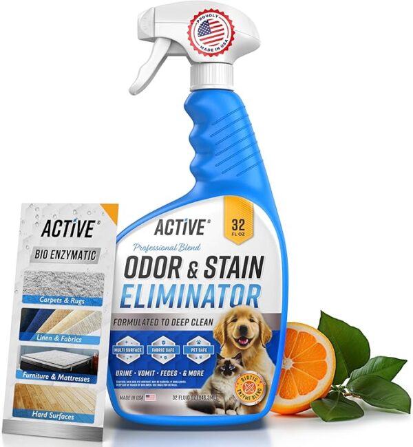 Pet Odor and Stain Eliminator - 32 oz ACTIVE Enzyme Cleaner for Dog & Cat Urine,