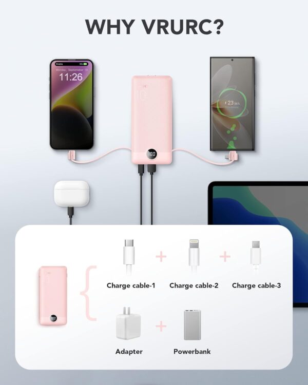 VRURC Portable Charger Built-in Cables and AC Wall Plug, USB C Power Bank 10000mAh, - Image 2