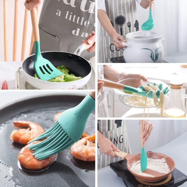 MIBOTE Silicone Cooking Kitchen Utensils Set with Holder, Wooden Handles Cookin - Image 3