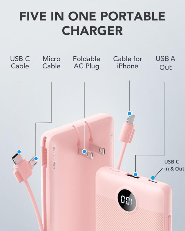 VRURC Portable Charger Built-in Cables and AC Wall Plug, USB C Power Bank 10000mAh, - Image 3