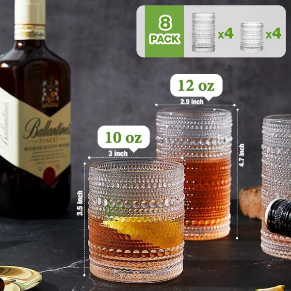 Vintage Hobnail Drinking Glasses Set of 8, 12 oz Highball Glasses & 10 oz Cocktail Glasses Set, - Image 2