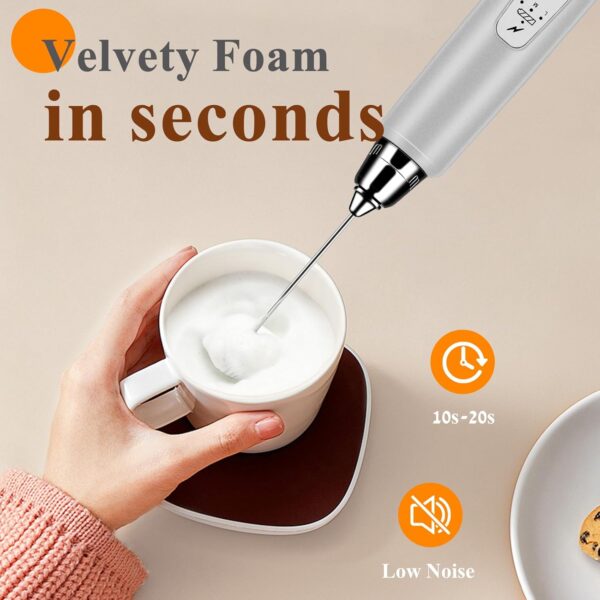 Milk Frother Handheld Rechargeable, Frother Wand Drink Mixer Electric Whisk for Coffee, Detachable With 3 Stainless Whisks, Hand Mixer for Lattes, Cappuccino, Matcha, Egg, No Stand, Silver - Image 2