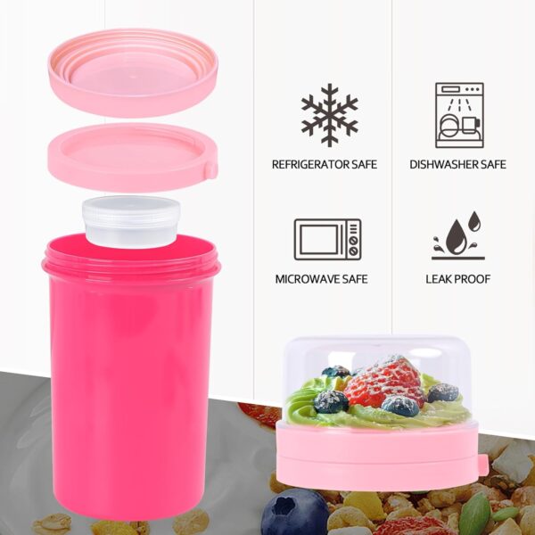 2 Pack Overnight Oats Containers with Lids,On the Go Yogurt Parfait Snack Cup, Overnight Oats Jars,Reusable Cereal Yogurt Cup and Divided Compartment for Fruit & Nuts (Pink, S+M) - Image 4