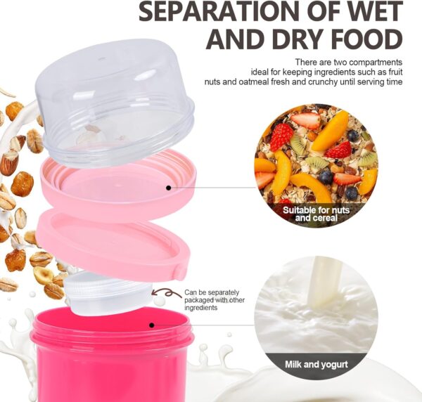 2 Pack Overnight Oats Containers with Lids,On the Go Yogurt Parfait Snack Cup, Overnight Oats Jars,Reusable Cereal Yogurt Cup and Divided Compartment for Fruit & Nuts (Pink, S+M) - Image 3