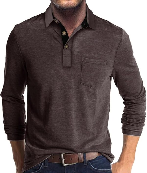 Men's Casual Polo Shirts Classic Button Basic Long Sleeve Shirt Solid Color Cotton Tees Stylish Tops - Image 3