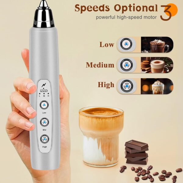 Milk Frother Handheld Rechargeable, Frother Wand Drink Mixer Electric Whisk for Coffee, Detachable With 3 Stainless Whisks, Hand Mixer for Lattes, Cappuccino, Matcha, Egg, No Stand, Silver - Image 4