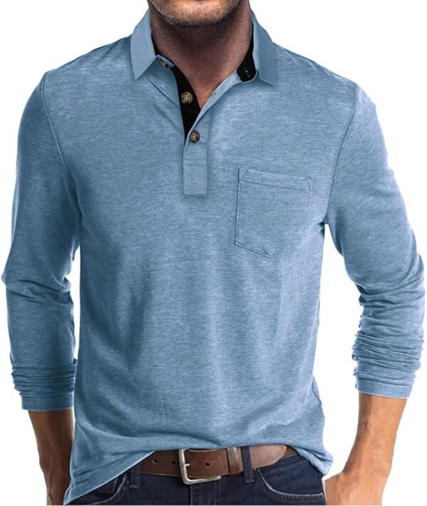 Men's Casual Polo Shirts Classic Button Basic Long Sleeve Shirt Solid Color Cotton Tees Stylish Tops