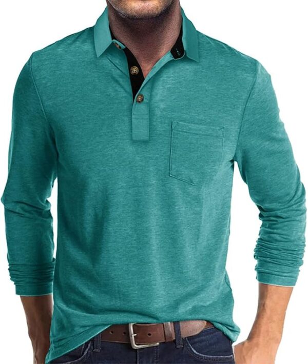 Men's Casual Polo Shirts Classic Button Basic Long Sleeve Shirt Solid Color Cotton Tees Stylish Tops - Image 4