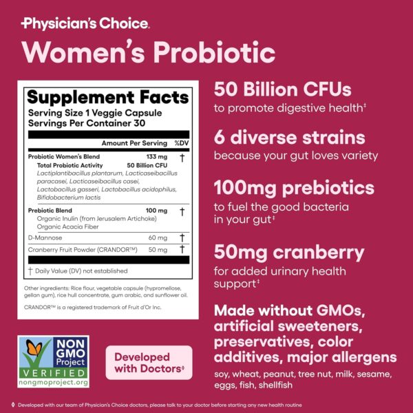 Physician's CHOICE Probiotics for Women - PH Balance, Digestive, UT, & Feminine Health - 50 Billion CFU - 6 Unique Strains for Her - Organic Prebiotics, Cranberry Extract+ - Women Probiotic - 30 CT - Image 2